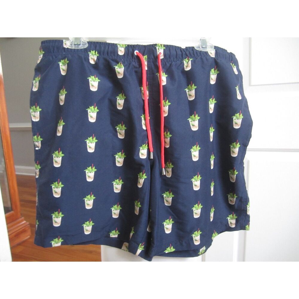 Men's Navy Plant-Print Swim Trunks with Red Drawstring